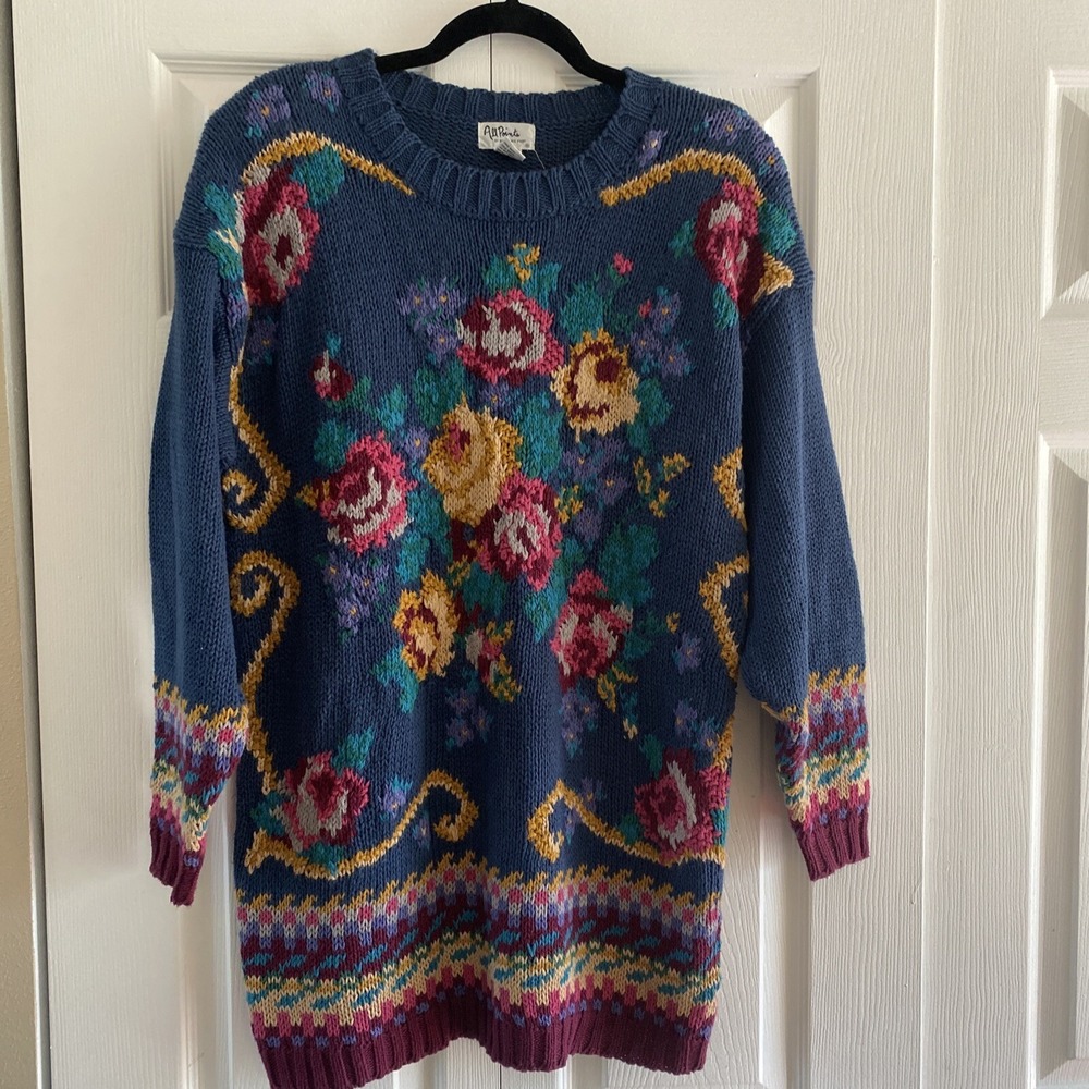 All Points Floral Intarsia‎ Sweater Womens Size M Blue Vintage 90s Ramie Cotton